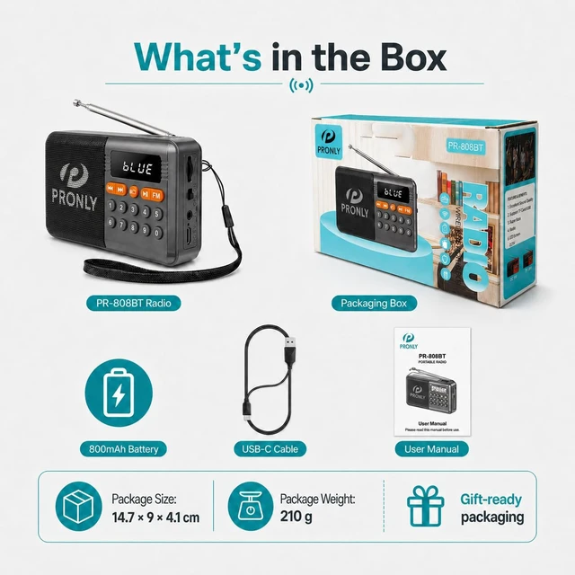 Alt view image 7 of 7 - FM Radio, Digital FM Radio with Bluetooth, USB-C Rechargeable Small Portable Radio, TF Card/U Disk Playback, LED Display, PR-808BT for Home Bedroom Kitchen, Black