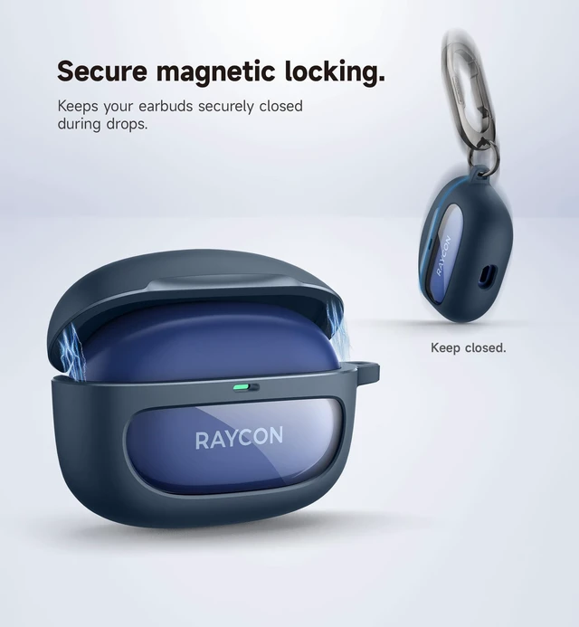 Alt view image 3 of 6 - Case for Raycon Everyday Earbuds (2024 Edition), Shockproof Magnetic Case for Raycon Bluetooth True Wireless in-Ear Buds Headphones, Protective Cover with Magnetic Lid Lock & Carabiner, Navy
