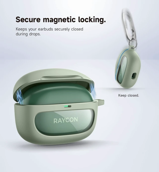 Alt view image 3 of 6 - Case for Raycon Everyday Earbuds (2024 Edition), Shockproof Magnetic Case for Raycon Bluetooth True Wireless in-Ear Buds Headphones, Protective Cover with Magnetic Lid Lock & Carabiner, Green