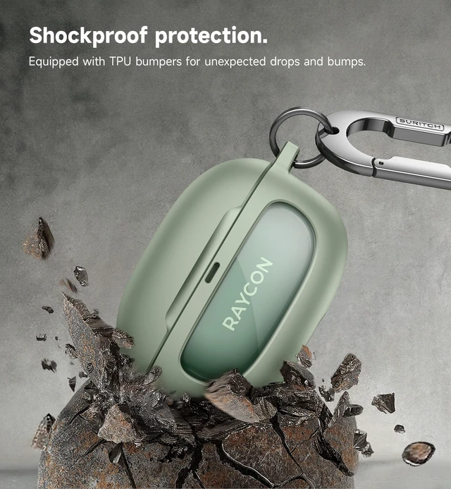 Alt view image 5 of 6 - Case for Raycon Everyday Earbuds (2024 Edition), Shockproof Magnetic Case for Raycon Bluetooth True Wireless in-Ear Buds Headphones, Protective Cover with Magnetic Lid Lock & Carabiner, Green