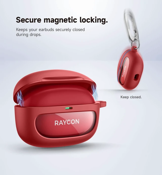 Alt view image 3 of 7 - Case for Raycon Everyday Earbuds (2024 Edition), Shockproof Magnetic Case for Raycon Bluetooth True Wireless in-Ear Buds Headphones, Protective Cover with Magnetic Lid Lock & Carabiner, Red