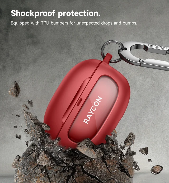 Alt view image 5 of 7 - Case for Raycon Everyday Earbuds (2024 Edition), Shockproof Magnetic Case for Raycon Bluetooth True Wireless in-Ear Buds Headphones, Protective Cover with Magnetic Lid Lock & Carabiner, Red