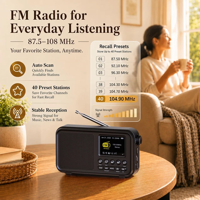 Alt view image 4 of 7 - Portable FM Radio with Bluetooth, NOAA Weather Alert, Dual Alarms 2.4" Color Display, USB-C Rechargeable Battery, microSD Music, EQ Sound, FM/WB Radio for Bedroom Office Travel