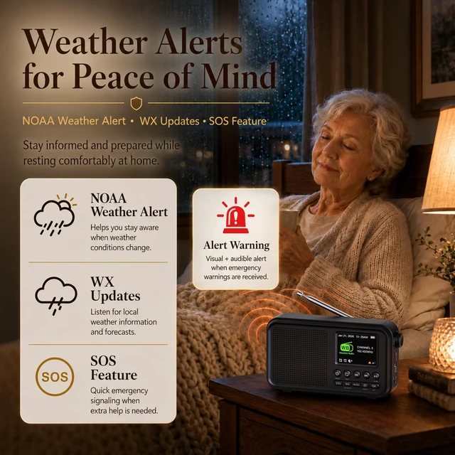 Alt view image 5 of 7 - Portable FM Radio with Bluetooth, NOAA Weather Alert, Dual Alarms 2.4" Color Display, USB-C Rechargeable Battery, microSD Music, EQ Sound, FM/WB Radio for Bedroom Office Travel