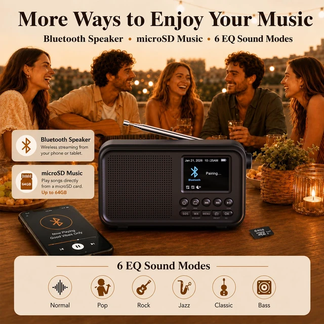 Alt view image 6 of 7 - Portable FM Radio with Bluetooth, NOAA Weather Alert, Dual Alarms 2.4" Color Display, USB-C Rechargeable Battery, microSD Music, EQ Sound, FM/WB Radio for Bedroom Office Travel