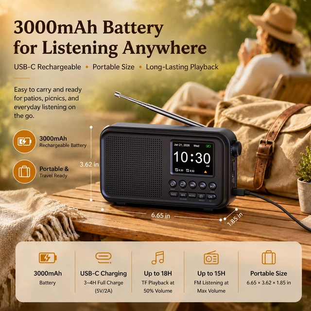 Alt view image 7 of 7 - Portable FM Radio with Bluetooth, NOAA Weather Alert, Dual Alarms 2.4" Color Display, USB-C Rechargeable Battery, microSD Music, EQ Sound, FM/WB Radio for Bedroom Office Travel