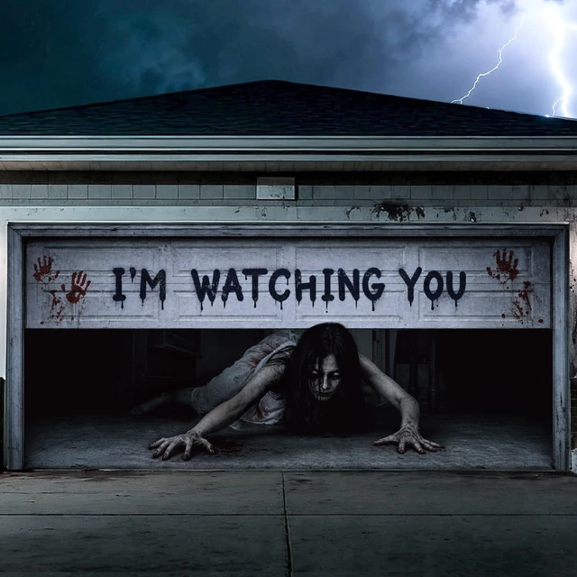 Alt view image 4 of 7 - 7 x 16 ft Halloween Garage Door Cover Ghost, Watching You Garage Decoration, for Single or Double Garage Door, Haunted House Garage, Halloween Horror Decor