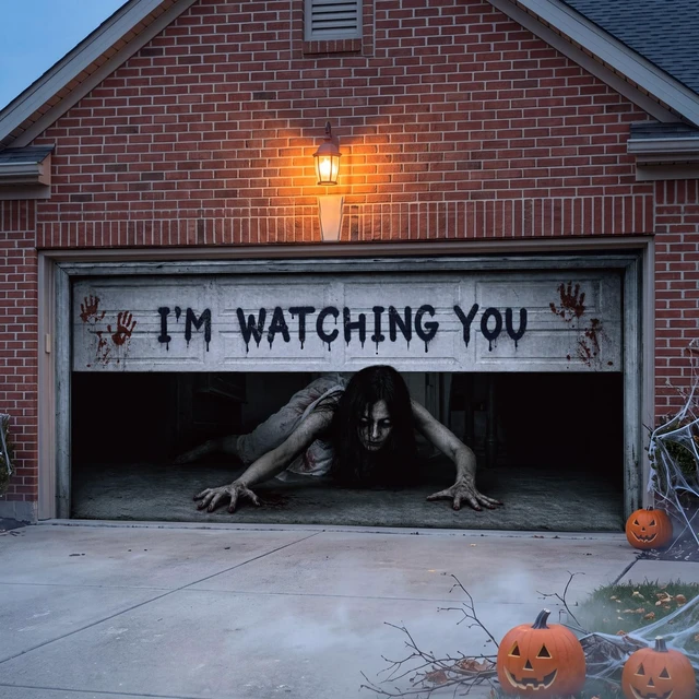 Alt view image 5 of 7 - 7 x 16 ft Halloween Garage Door Cover Ghost, Watching You Garage Decoration, for Single or Double Garage Door, Haunted House Garage, Halloween Horror Decor