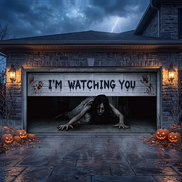 Alt view image 6 of 7 - 7 x 16 ft Halloween Garage Door Cover Ghost, Watching You Garage Decoration, for Single or Double Garage Door, Haunted House Garage, Halloween Horror Decor