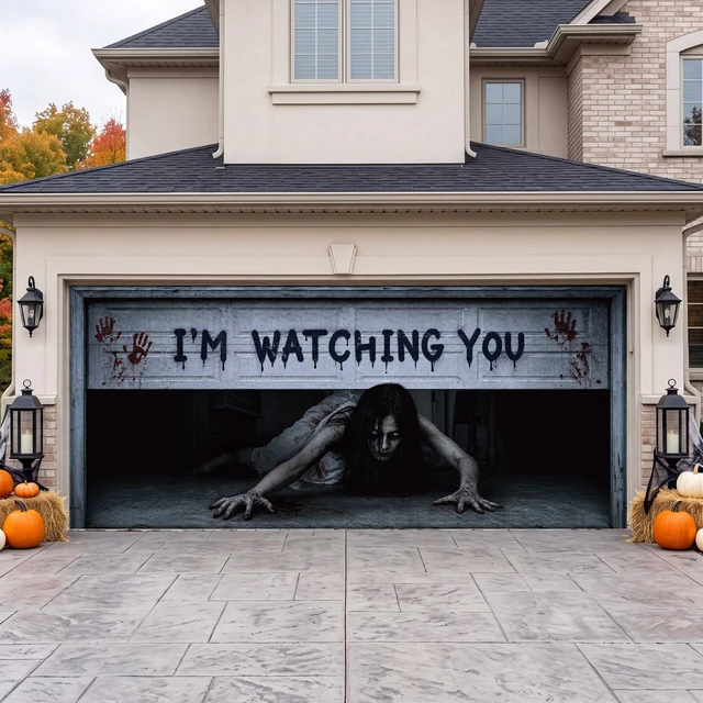 Alt view image 7 of 7 - 7 x 16 ft Halloween Garage Door Cover Ghost, Watching You Garage Decoration, for Single or Double Garage Door, Haunted House Garage, Halloween Horror Decor
