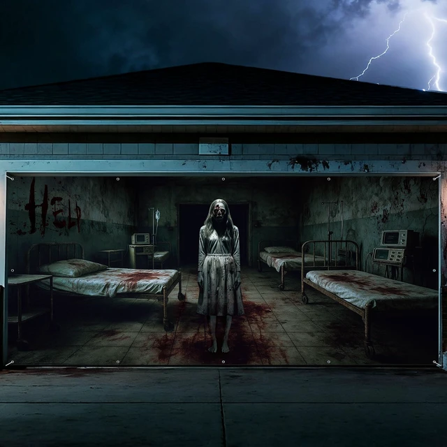 Alt view image 4 of 7 - 7 x 16 ft Halloween Garage Door Cover Ghost, Horror Hospital Garage Decoration, for Single or Double Garage Door, Haunted House Garage, Halloween Horror Decor
