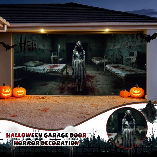 Alt view image 5 of 7 - 7 x 16 ft Halloween Garage Door Cover Ghost, Horror Hospital Garage Decoration, for Single or Double Garage Door, Haunted House Garage, Halloween Horror Decor