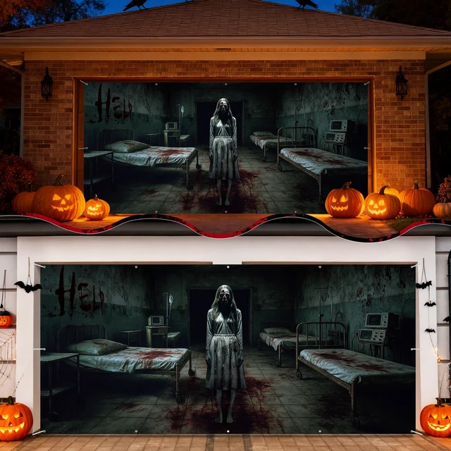 Alt view image 6 of 7 - 7 x 16 ft Halloween Garage Door Cover Ghost, Horror Hospital Garage Decoration, for Single or Double Garage Door, Haunted House Garage, Halloween Horror Decor
