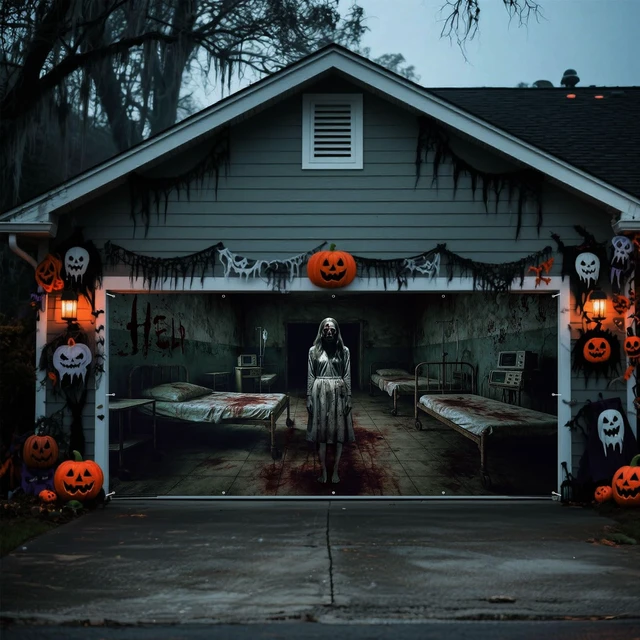 Alt view image 7 of 7 - 7 x 16 ft Halloween Garage Door Cover Ghost, Horror Hospital Garage Decoration, for Single or Double Garage Door, Haunted House Garage, Halloween Horror Decor