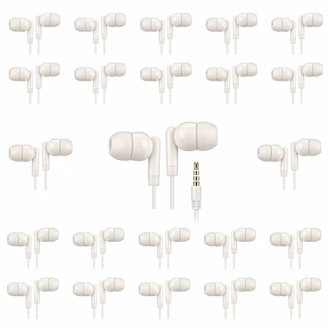 Main image of Earbuds Bulk 100 Pack for Classrooms Wired in-Ear Headphones 3.5mm Plug No Microphone for Students, Schools, Libraries, and Computer Labs Individually Bagged - White