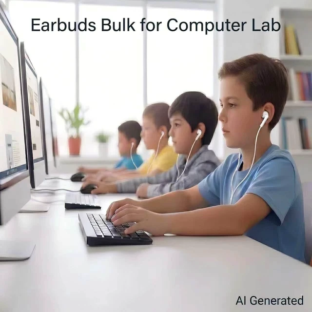 Alt view image 5 of 6 - Earbuds Bulk 100 Pack for Classrooms Wired in-Ear Headphones 3.5mm Plug No Microphone for Students, Schools, Libraries, and Computer Labs Individually Bagged - White