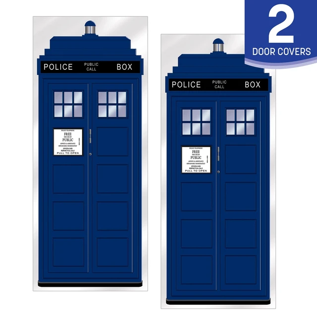Alt view image 4 of 7 - Police Call Box Door Covers Photo Booth Backdrops, 6 x 30 2 Retro Sci-Fi Blue Booth Plastic Wall Props for Time Travel Parties, British Themed Events, Law Enforcement Policeman Decor
