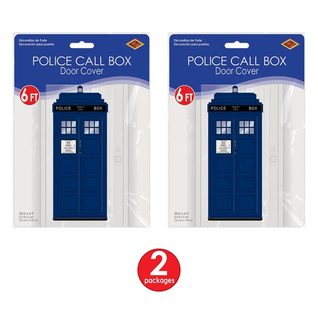 Alt view image 6 of 7 - Police Call Box Door Covers Photo Booth Backdrops, 6 x 30 2 Retro Sci-Fi Blue Booth Plastic Wall Props for Time Travel Parties, British Themed Events, Law Enforcement Policeman Decor