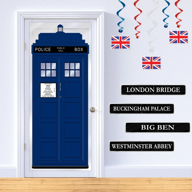 Alt view image 5 of 7 - Police Call Box Door Covers Photo Booth Backdrops, 6 x 30 2 Retro Sci-Fi Blue Booth Plastic Wall Props for Time Travel Parties, British Themed Events, Law Enforcement Policeman Decor