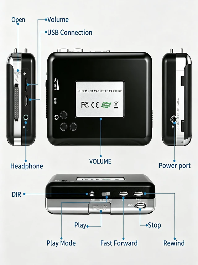 Alt view image 2 of 7 - Cassette Tape Player, Portable Cassette Tape Recorder, Cassette to MP3 Converter with Instructions, Compatible with Laptops and Personal Computers
