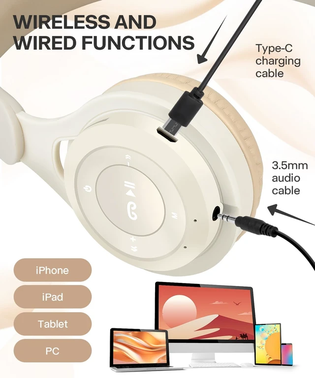 Alt view image 3 of 7 - Kids Bluetooth Headphones, Over Ear Children's Wireless Bluetooth 5.3 Headsets, Built-in Mic, Comfortable Wear & HD Sound, Kids Headphones for Boys Girls School Travel iPad Tablet (Beige)