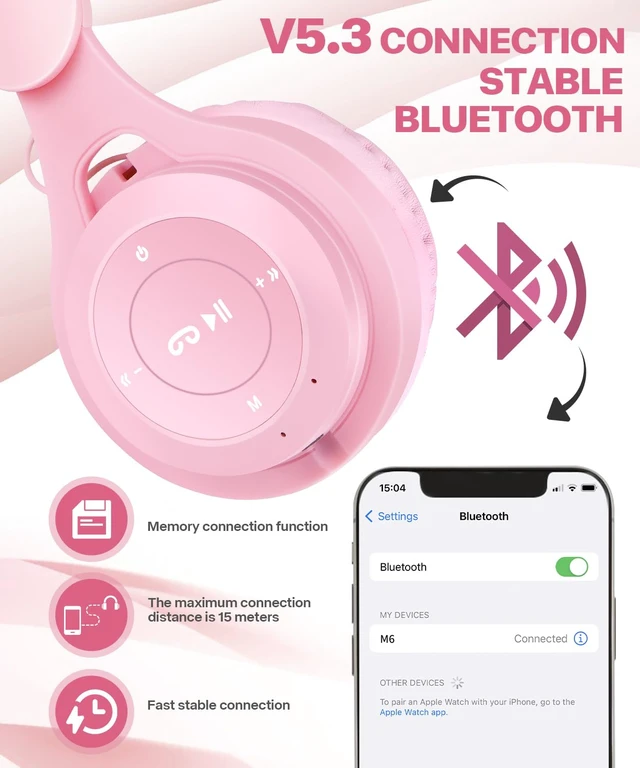Alt view image 2 of 7 - Kids Bluetooth Headphones, Over Ear Children's Wireless Bluetooth 5.3 Headsets, Built-in Mic, Comfortable Wear & HD Sound, Kids Headphones for Boys Girls School Travel iPad Tablet (Pink)