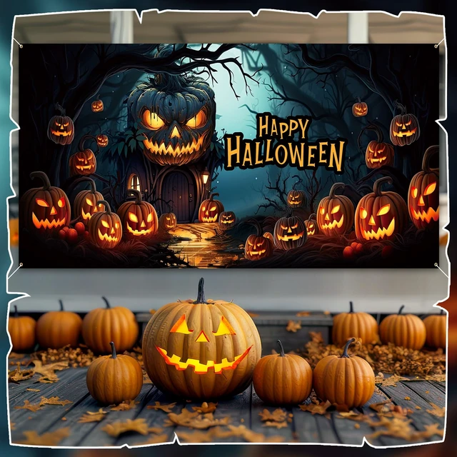 Alt view image 3 of 6 - Halloween Scary Garage Door Cover Banner, 6x13ft, Pumpkin Halloween Garage Door Decorations, Backdrop Wall Background, Party Decorations, for Home Outdoor Holiday Wall Decor