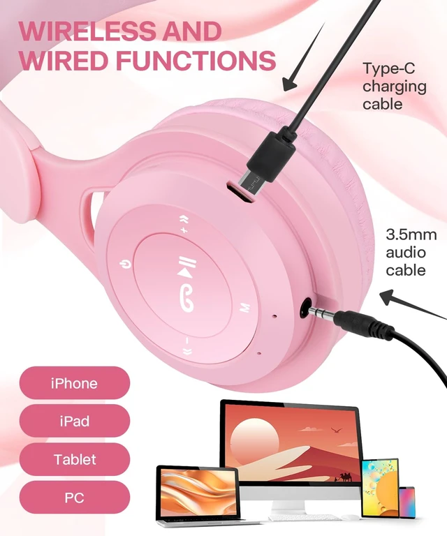 Alt view image 3 of 7 - Kids Bluetooth Headphones, Over Ear Children's Wireless Bluetooth 5.3 Headsets, Built-in Mic, Comfortable Wear & HD Sound, Kids Headphones for Boys Girls School Travel iPad Tablet (Pink)