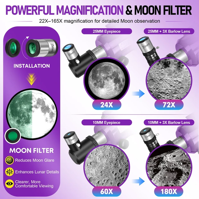 Alt view image 4 of 7 - Telescope for Adults & Kids, 90mm Aperture 600mm Refractor Telescope for Astronomy Beginners, Portable Travel Telescopes with Tripod, Phone Adapter, Moon Filter, Carry Bag & Moon Phase Guide