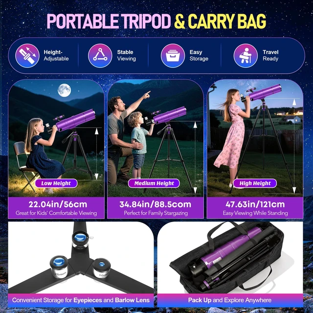 Alt view image 6 of 7 - Telescope for Adults & Kids, 90mm Aperture 600mm Refractor Telescope for Astronomy Beginners, Portable Travel Telescopes with Tripod, Phone Adapter, Moon Filter, Carry Bag & Moon Phase Guide