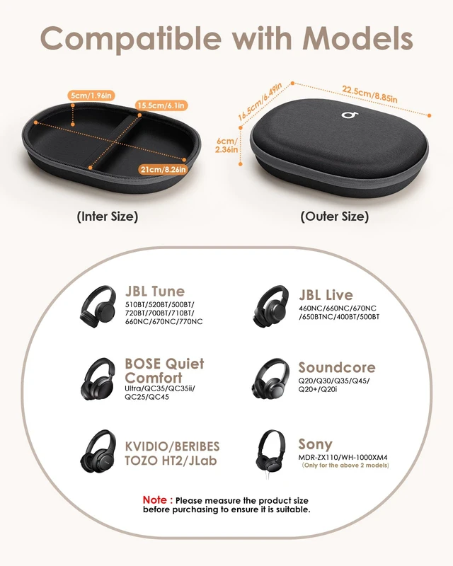 Alt view image 2 of 6 - Headphone Case Hard for Bose QuietComfort Ultra QC45 QC35 QC25 QC15 QCSE Fits JBL Tune 510BT 720BT/Live 770NC/Soundcore Anker Foldable Over-Ear Headphones, Super-Slim Portable Travel Organizer Bag