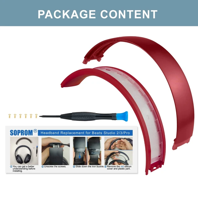Alt view image 6 of 6 - Top & Bottom Rubber Headband Kit for Beats Studio 3 & Studio 2 Wired & Wireless Headphones, Durable Silicone & Plastic Repair Kit for Replacement Headstrap Pads (Studio3-Red)