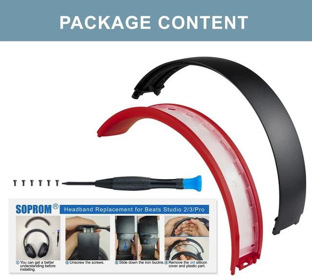 Alt view image 6 of 6 - Top & Bottom Rubber Headband Kit for Beats Studio 3 & Studio 2 Wired & Wireless Headphones, Durable Silicone & Plastic Repair Kit for Replacement Headstrap Pads (Studio3-Black Red)