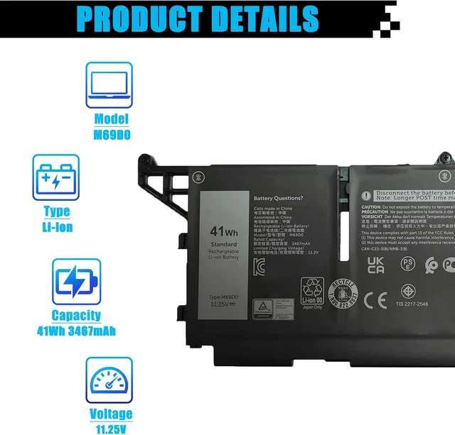 Alt view image 2 of 7 - 41Wh M69D0 Laptop Battery Replacement for Dell Latitude 5430 5530 Precision 3570 P104F P104F005 P137G P137G004 Series 07KRV O7KRV 0H4PVC H4PVC 08WRCR 8WRCR 0Y86WG Y86WG 078FWY 11.25V 3467mAh