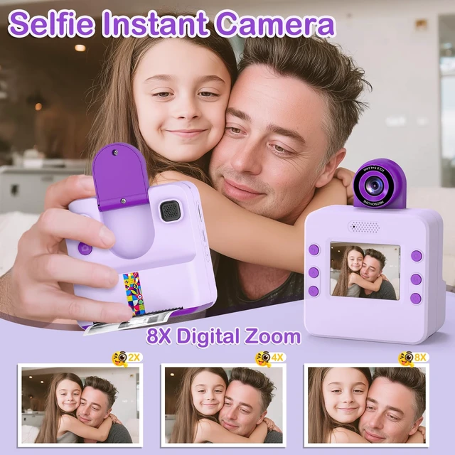 Alt view image 2 of 7 - Kids Instant Print Camera, Selfie Camera Gift for Girls Boys 3-12, Purple 2.4-inch kids print camera with 32GB card, 3 paper rolls, 5 pens, 1080P video, music and 5 games