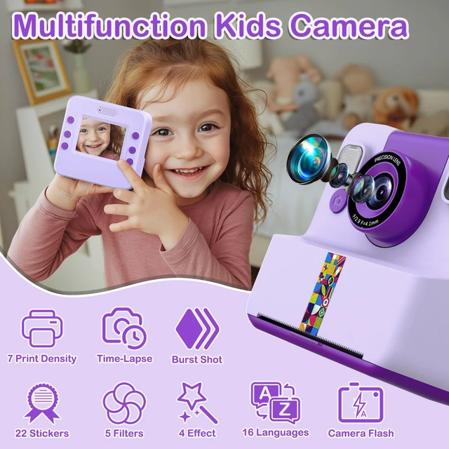 Alt view image 3 of 7 - Kids Instant Print Camera, Selfie Camera Gift for Girls Boys 3-12, Purple 2.4-inch kids print camera with 32GB card, 3 paper rolls, 5 pens, 1080P video, music and 5 games