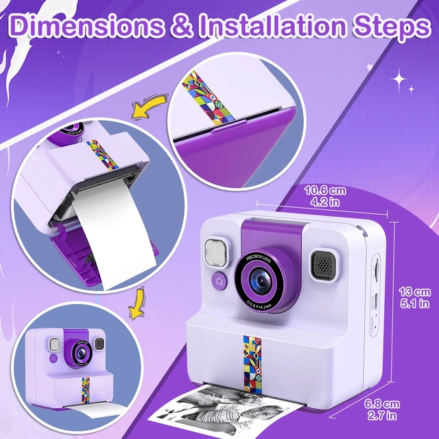 Alt view image 6 of 7 - Kids Instant Print Camera, Selfie Camera Gift for Girls Boys 3-12, Purple 2.4-inch kids print camera with 32GB card, 3 paper rolls, 5 pens, 1080P video, music and 5 games