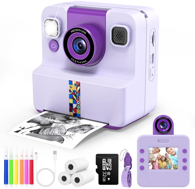 Main image of Kids Instant Print Camera, Selfie Camera Gift for Girls Boys 3-12, Purple 2.4-inch kids print camera with 32GB card, 3 paper rolls, 5 pens, 1080P video, music and 5 games