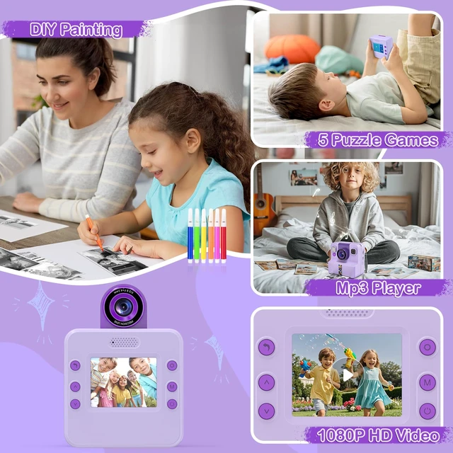 Alt view image 4 of 7 - Kids Instant Print Camera, Selfie Camera Gift for Girls Boys 3-12, Purple 2.4-inch kids print camera with 32GB card, 3 paper rolls, 5 pens, 1080P video, music and 5 games