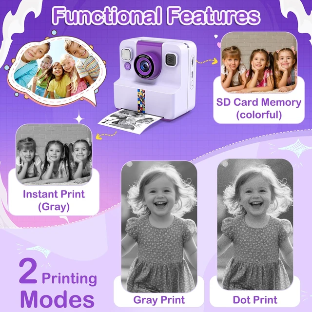 Alt view image 5 of 7 - Kids Instant Print Camera, Selfie Camera Gift for Girls Boys 3-12, Purple 2.4-inch kids print camera with 32GB card, 3 paper rolls, 5 pens, 1080P video, music and 5 games