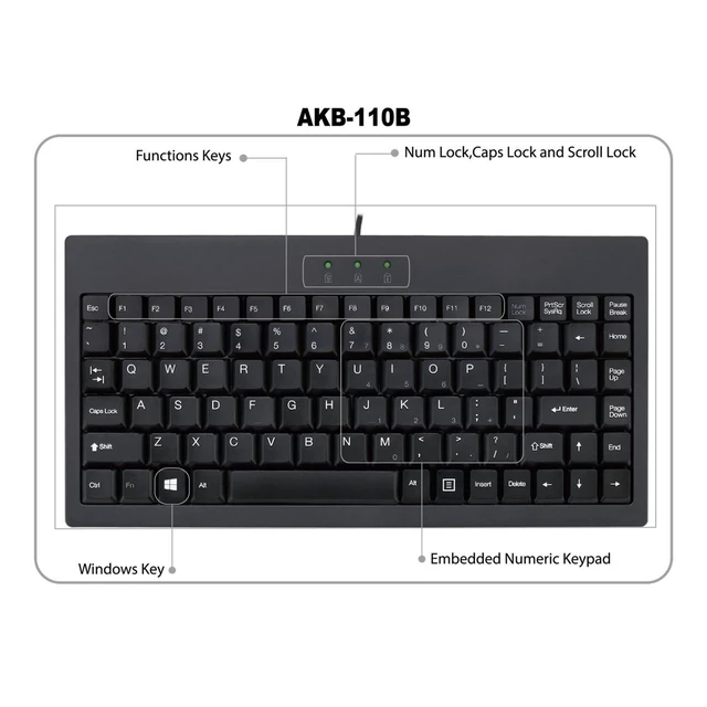 Alt view image 6 of 7 - AKB-110B Mini Keyboard, Compact 87-Key, Black, USB/PS2 Connection Membrane, LED Indicators, Space-Saving Design, Compatible with Windows OS