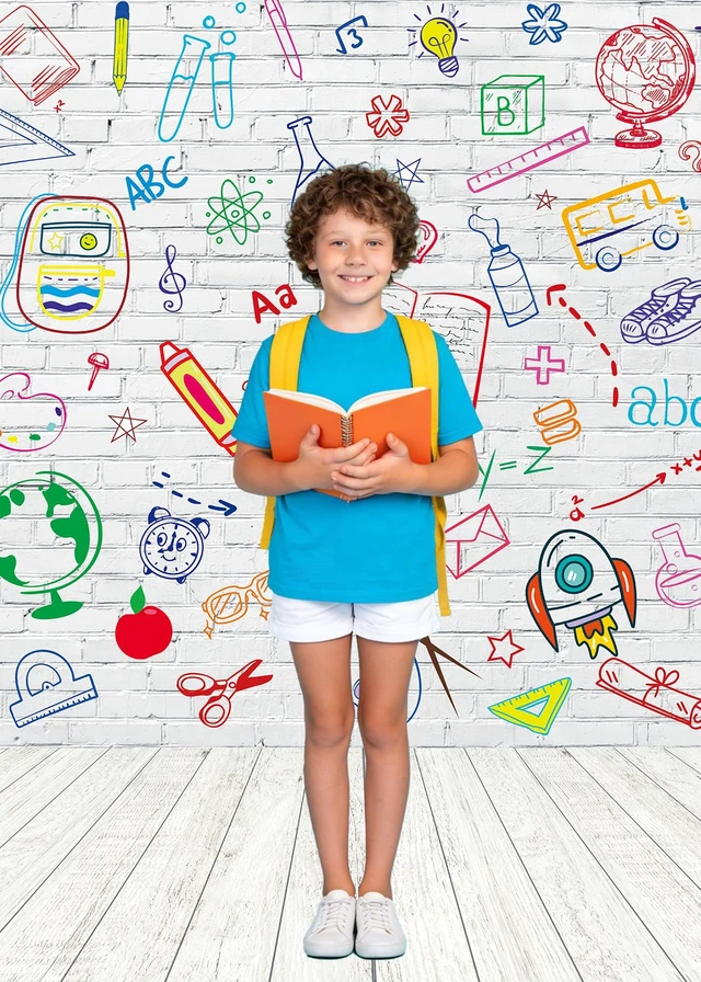 Alt view image 4 of 7 - Back to School Backdrop 8x10ft School Doodle Brick Wall Photo Background First Day of School Photography Background Teacher Student Classroom Party Decorations Banner Photo Props