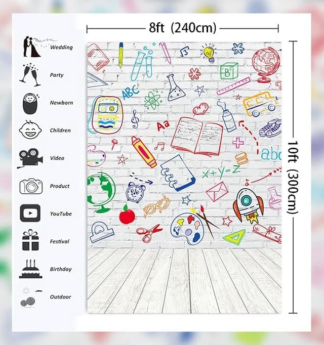 Alt view image 6 of 7 - Back to School Backdrop 8x10ft School Doodle Brick Wall Photo Background First Day of School Photography Background Teacher Student Classroom Party Decorations Banner Photo Props