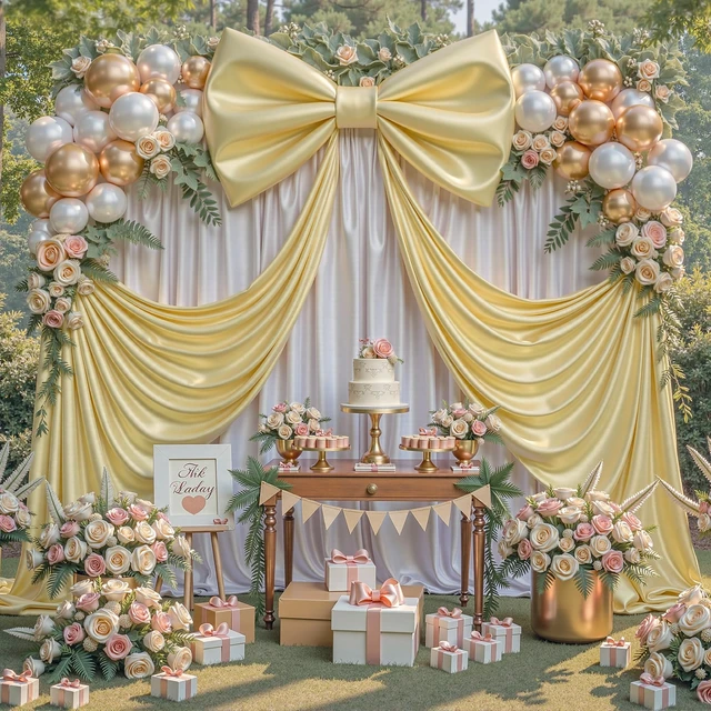 Alt view image 2 of 7 - Giant Bow for Backdrop Big Gold Bow 48x24x120 Inch Large Satin Ribbon Bow Wall Decor for Wedding Birthday Baby Shower Party Photo Booth, Washable Reusable Fabric Bow for Nursery Bedroom Door Hanging