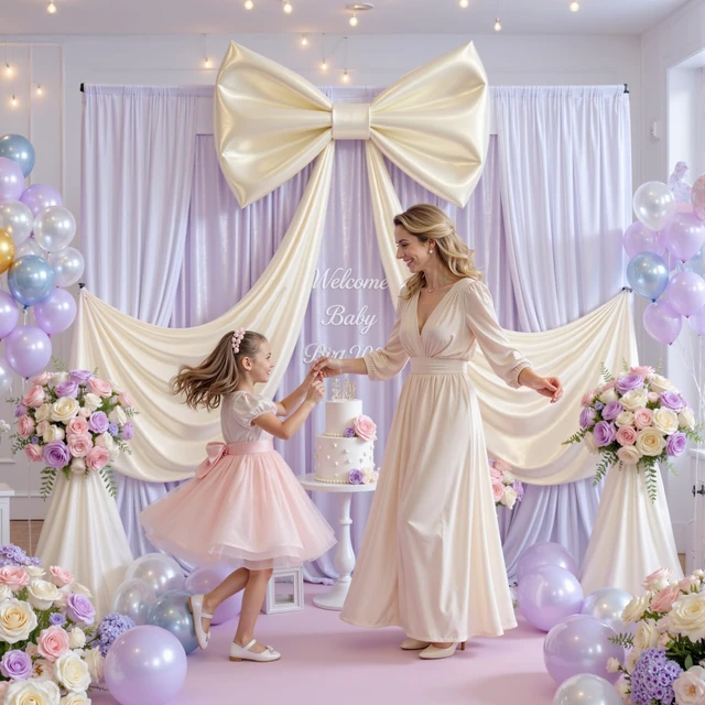 Alt view image 2 of 7 - Giant Bow for Backdrop Big Beige Bow 48x24x120 Inch Large Satin Ribbon Bow Wall Decor for Wedding Birthday Baby Shower Party Photo Booth, Washable Reusable Fabric Bow for Nursery Bedroom Door Hanging