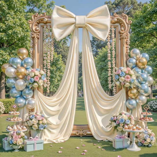 Alt view image 7 of 7 - Giant Bow for Backdrop Big Beige Bow 48x24x120 Inch Large Satin Ribbon Bow Wall Decor for Wedding Birthday Baby Shower Party Photo Booth, Washable Reusable Fabric Bow for Nursery Bedroom Door Hanging