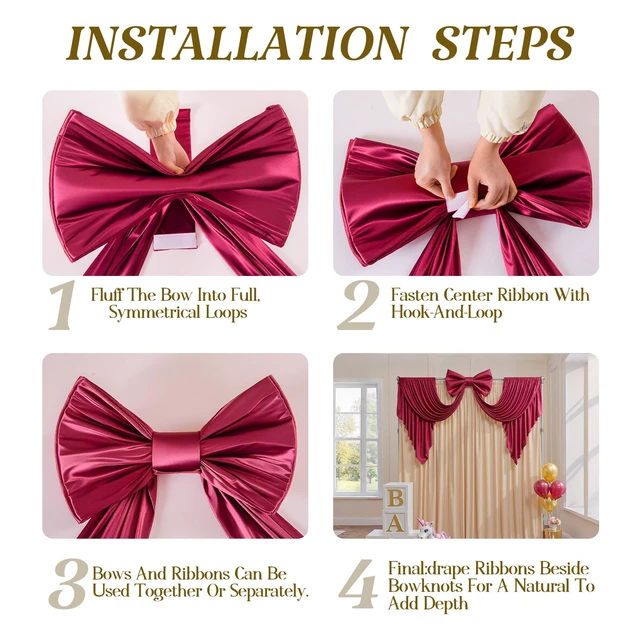 Alt view image 5 of 7 - Big Burgundy Bow for Backdrop 48x24x120 Inch Large Satin Ribbon Bow Wall Decor for Wedding Birthday Baby Shower Party Photo Booth, Washable Reusable Fabric Bow for Nursery Bedroom Door Hanging