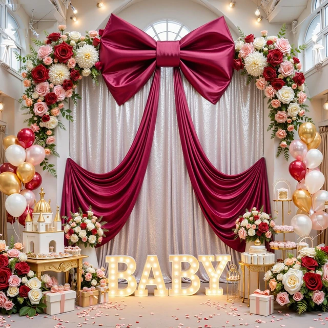 Alt view image 7 of 7 - Big Burgundy Bow for Backdrop 48x24x120 Inch Large Satin Ribbon Bow Wall Decor for Wedding Birthday Baby Shower Party Photo Booth, Washable Reusable Fabric Bow for Nursery Bedroom Door Hanging