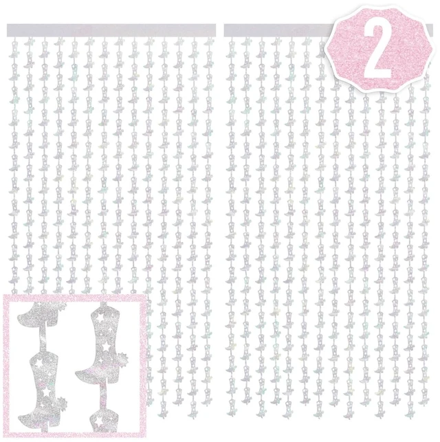 Main image of 2pk Cowgirl Boot Iridescent Foil Curtain Last Rodeo Bach Décor Set of 2, Bachelorette Party Decorations, Birthday Photo Booth, Backdrop, Nashville, Cow, Theme, Space Cowboy