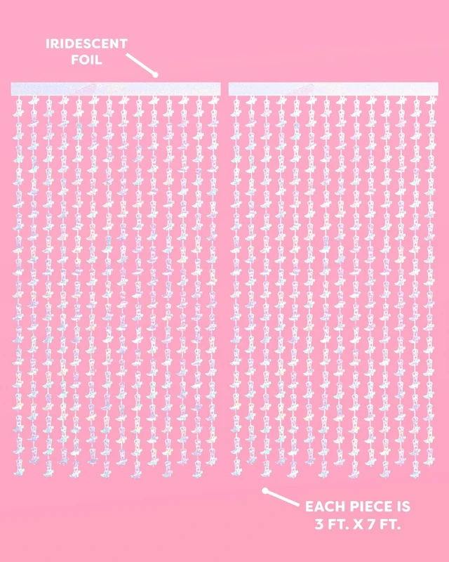 Alt view image 3 of 6 - 2pk Cowgirl Boot Iridescent Foil Curtain Last Rodeo Bach Décor Set of 2, Bachelorette Party Decorations, Birthday Photo Booth, Backdrop, Nashville, Cow, Theme, Space Cowboy